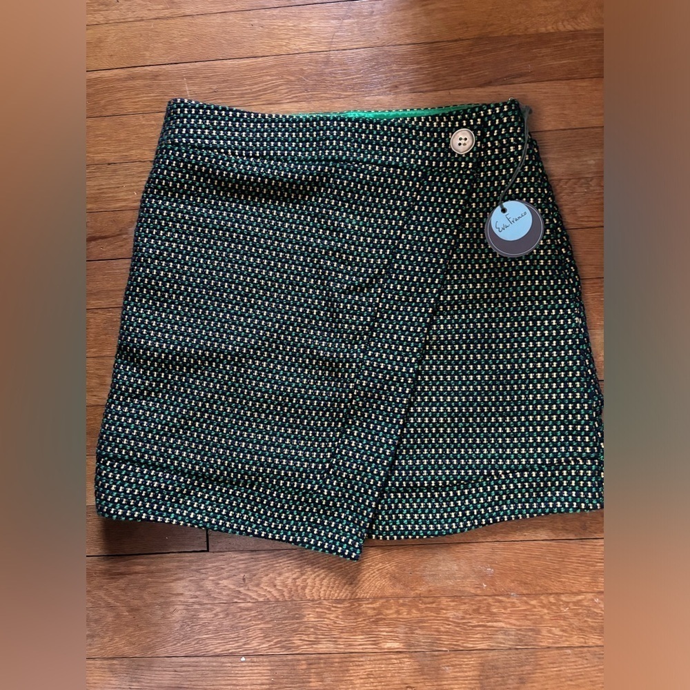 NWT 12 Eva Franco Fern Dot Tweed Faux-Wrap Skirt Green Navy Gold Easy Throw On - Picture 4 of 7